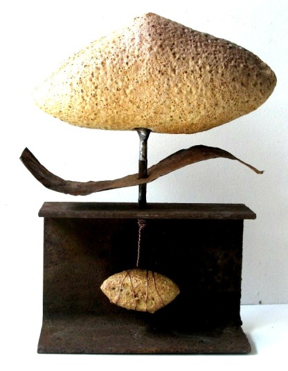 "In the Balance" 2009 Wheelthrown & Manipulated Ceramic, Volcanic Glaze, copper wire, drill bit, metal